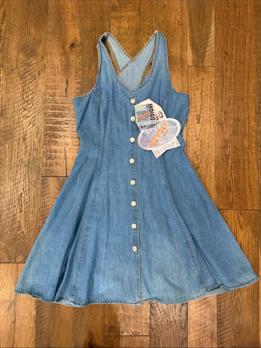 Indigo Light Blue Denim Button-Front Sundress with Cross-Back Straps